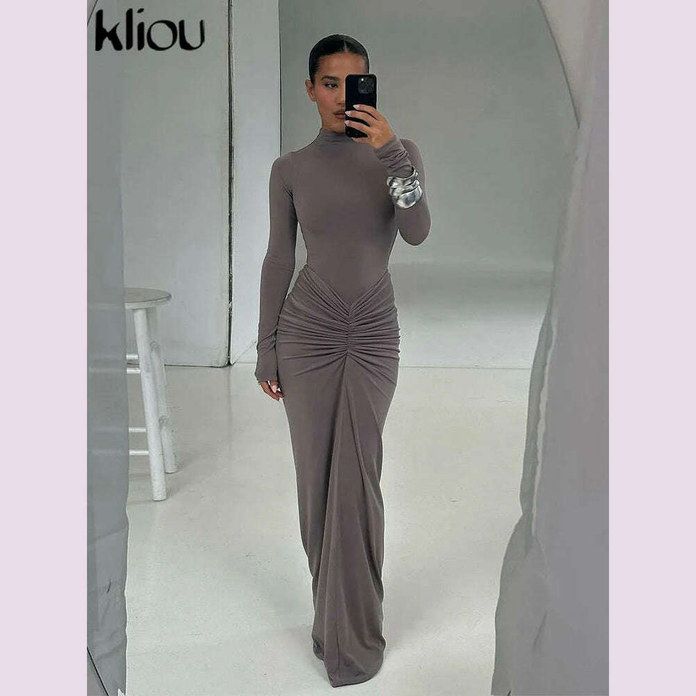 kliou Shirring Women Classic Maxi Dress Autumn New Solid Long Sleeve High Collar Body-shaping Vestidos Mujer Concise Trend Robe - KIMLUD