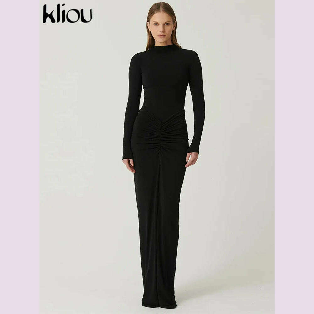 kliou Shirring Women Classic Maxi Dress Autumn New Solid Long Sleeve High Collar Body-shaping Vestidos Mujer Concise Trend Robe - KIMLUD