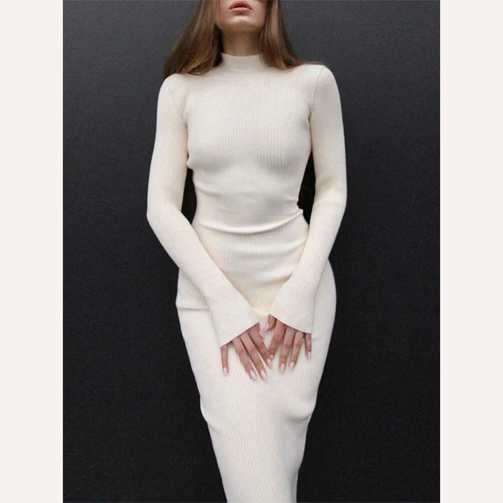 KIMLUD, Knitted Turtleneck Dress Women Autumn Winter Long Sleeve Bodycon Midi Dresses Female Elegant Fashion Solid Color Skinny Dress, White midi / S, KIMLUD Womens Clothes