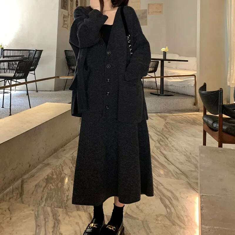 Korean Fashion 2 Piece Sets Womens Outifits 2024 Autumn New in Knit Cardigan Dress Sets Loose Sweater Skirt Sets Womens Clothing - KIMLUD
