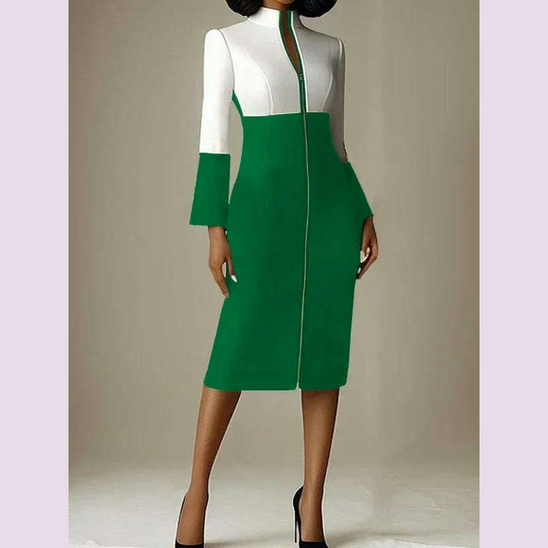 KIMLUD, Krisstar 2025 New Women's Bodycon Dresses Contrast Color V-neck with Zipper Long Sleeves Formal Occasion Office Midi Dresses, KIMLUD Womens Clothes