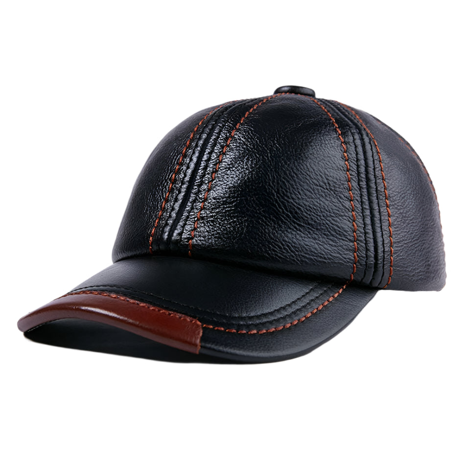 LA SPEZIA Genuine Leather Baseball Cap Men Black Cowhide Hat Snapback Male Adjustable Autumn Winter Real Leather Peaked Hats - KIMLUD
