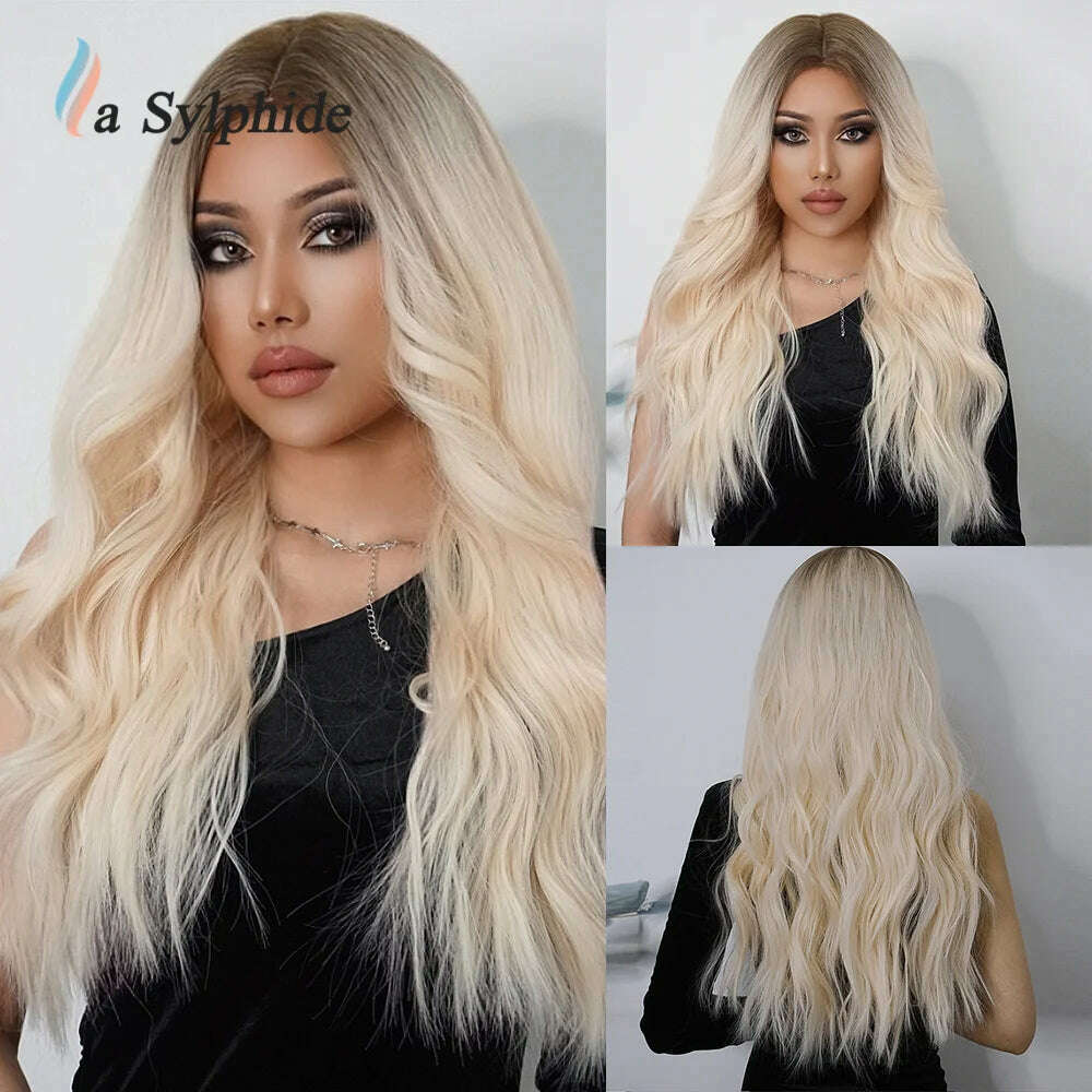 La Sylphide Long Wavy Ombre Purple Synthetic Wigs for Women Heat Resistant Natural Middle Part Cosplay Party Lolita Hair Wigs - KIMLUD