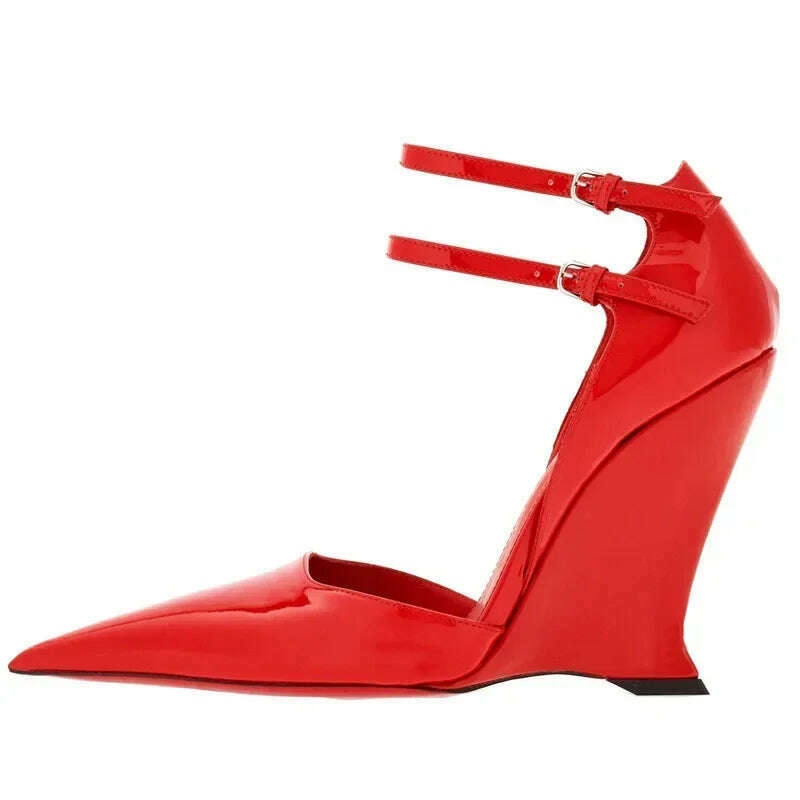 KIMLUD, Lady Sexy Slope Heels Woman Ankle Strap Dress Wedding Shoes Party Sandalias De Mujer Luxury Sandals Women Designers, Red / 35, KIMLUD APPAREL - Womens Clothes