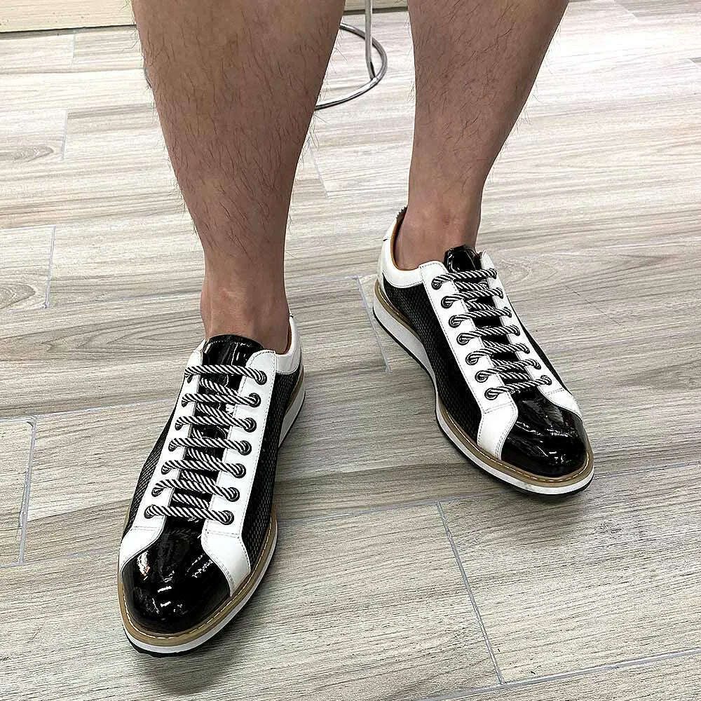 Large Size 6 To 13 Luxury Brand Shoes Men Flat Sneakers Patent Leather Lace-up Black White Casual Shoes Zapatos Casuales Hombres - KIMLUD