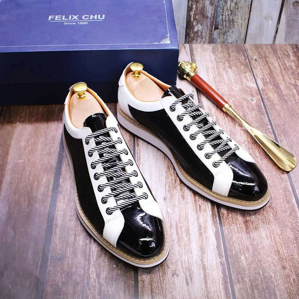 Large Size 6 To 13 Luxury Brand Shoes Men Flat Sneakers Patent Leather Lace-up Black White Casual Shoes Zapatos Casuales Hombres - KIMLUD