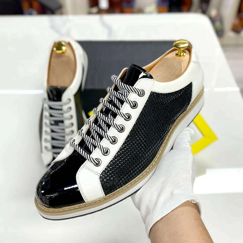 Large Size 6 To 13 Luxury Brand Shoes Men Flat Sneakers Patent Leather Lace-up Black White Casual Shoes Zapatos Casuales Hombres - KIMLUD
