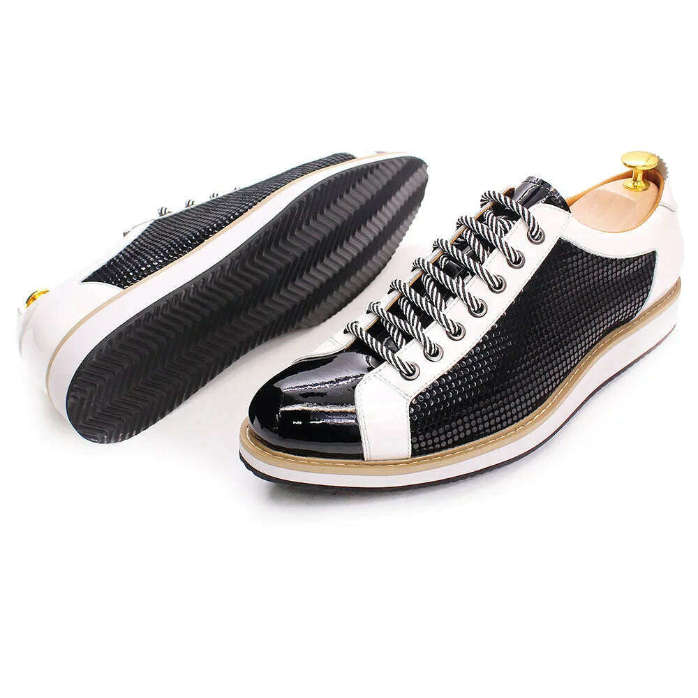Large Size 6 To 13 Luxury Brand Shoes Men Flat Sneakers Patent Leather Lace-up Black White Casual Shoes Zapatos Casuales Hombres - KIMLUD