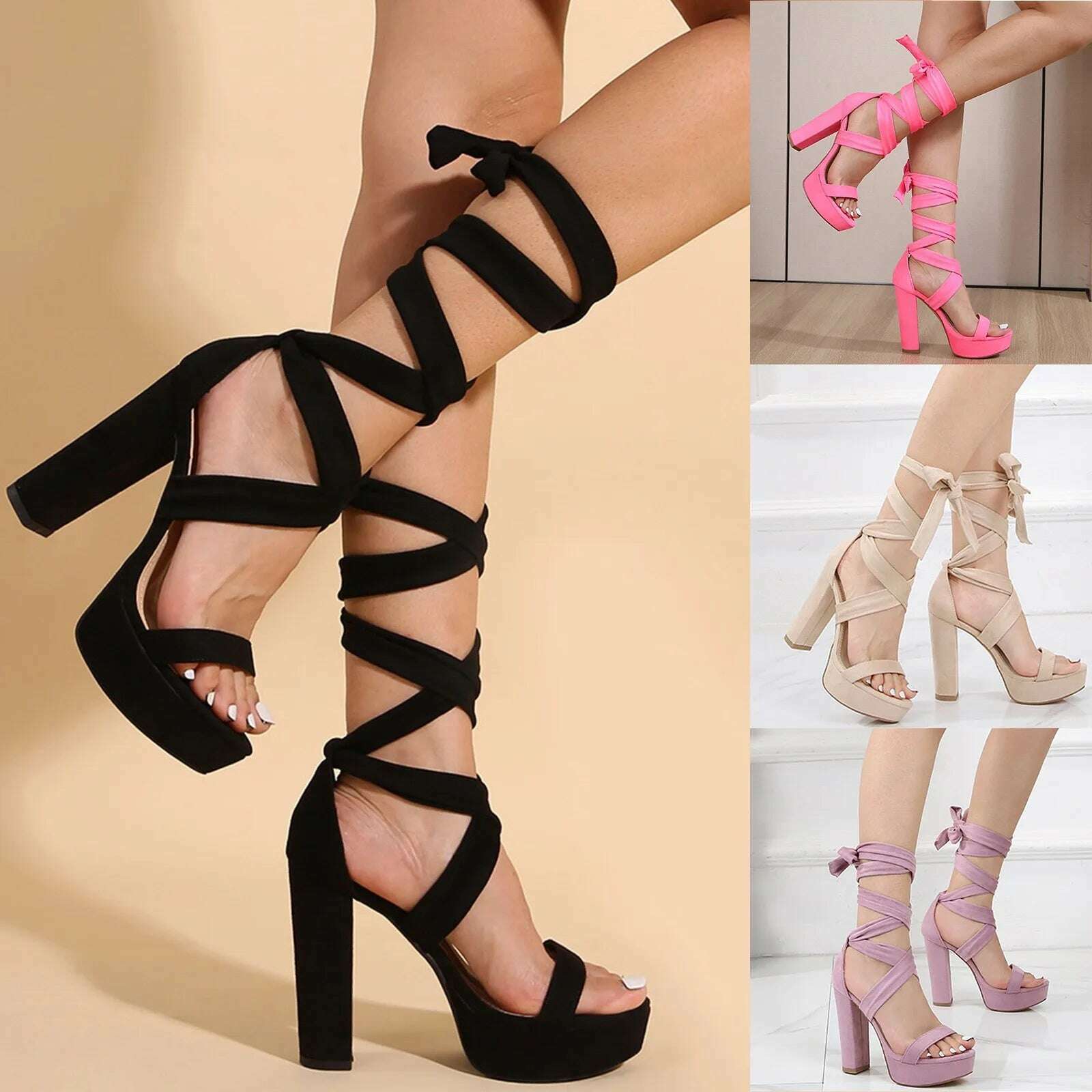 KIMLUD, Large Size Bandage Shoes New Suede Strap High Heels Women'S Footwear Solid Fish Mouth Platform Bag Heel Thick Heel Sandals, KIMLUD Womens Clothes