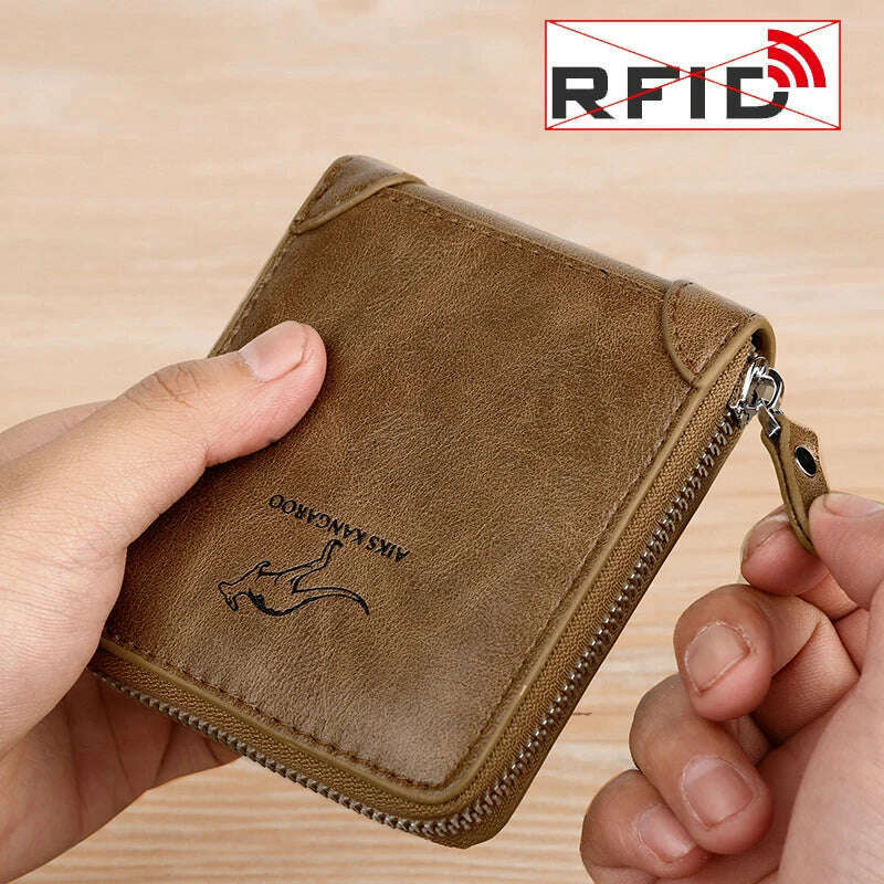 Leather Men’s Wallet Luxury Mens Purse Male Zipper Card Holders with Coin Pocket Rfid Wallets Gifts for Men Money Bag - KIMLUD