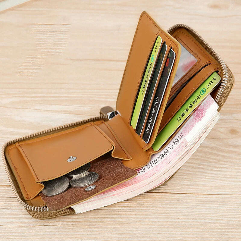 Leather Men’s Wallet Luxury Mens Purse Male Zipper Card Holders with Coin Pocket Rfid Wallets Gifts for Men Money Bag - KIMLUD