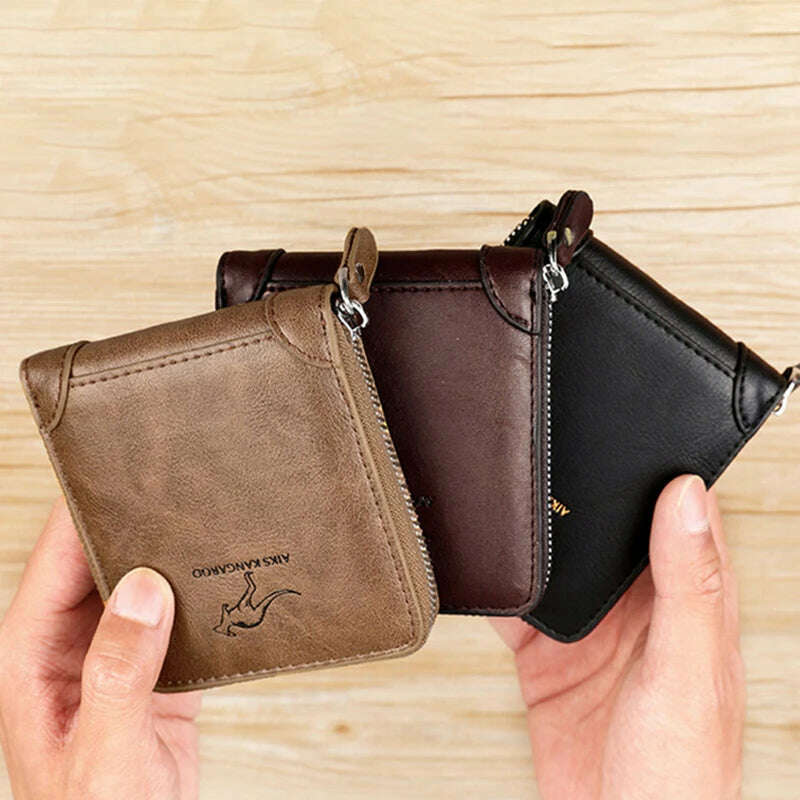 Leather Men’s Wallet Luxury Mens Purse Male Zipper Card Holders with Coin Pocket Rfid Wallets Gifts for Men Money Bag - KIMLUD