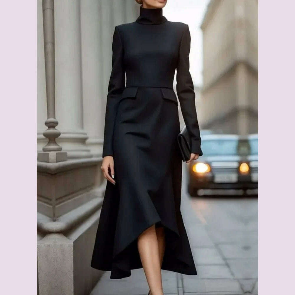 KIMLUD, Lemongor Black Color Asymmetrical High Neck Commute Dress For Women 2025 New Spring Long Sleeves A-line Party Evening Dresses, BLACK / S, KIMLUD APPAREL - Womens Clothes