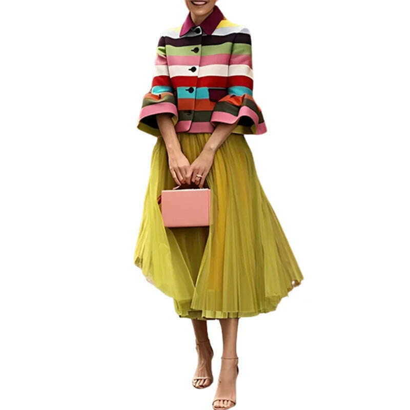 Lemongor Female Stylish Flared Sleeves Multi-Colored Striped Lapel Elegant Jackets Going Out Birthday Party Outerwear For Women - KIMLUD