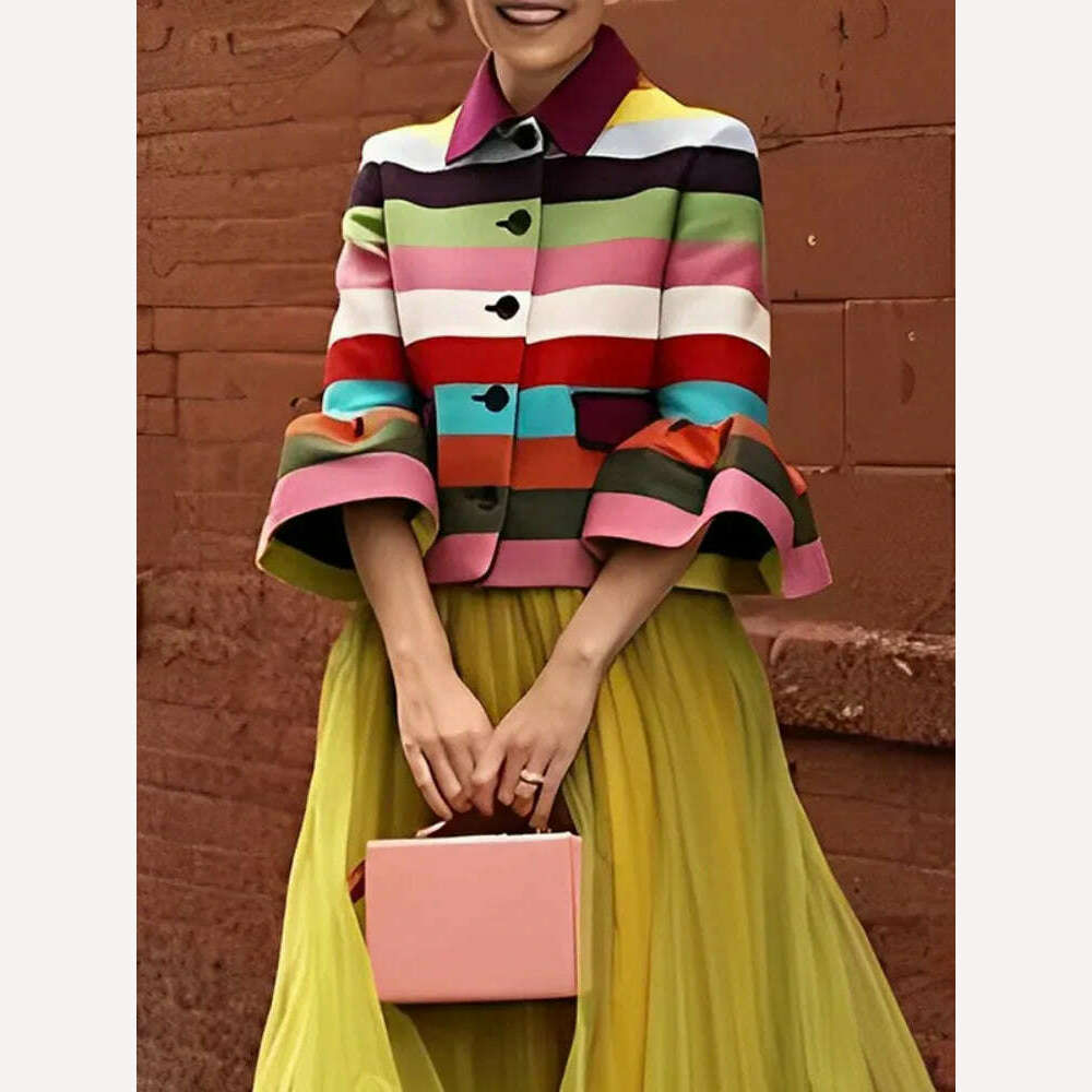 Lemongor Female Stylish Flared Sleeves Multi-Colored Striped Lapel Elegant Jackets Going Out Birthday Party Outerwear For Women - KIMLUD