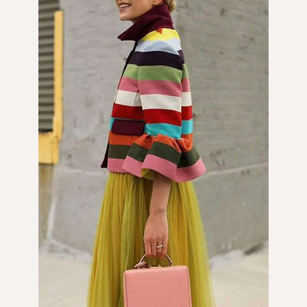 Lemongor Female Stylish Flared Sleeves Multi-Colored Striped Lapel Elegant Jackets Going Out Birthday Party Outerwear For Women - KIMLUD