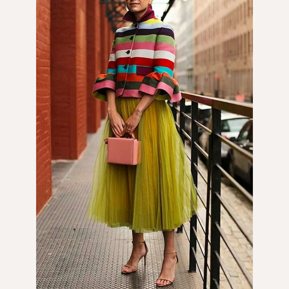 Lemongor Female Stylish Flared Sleeves Multi-Colored Striped Lapel Elegant Jackets Going Out Birthday Party Outerwear For Women - KIMLUD
