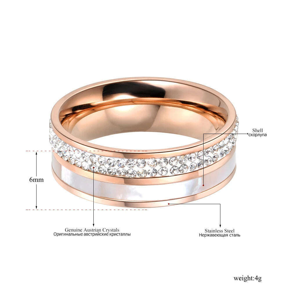 KIMLUD, Lokaer Rose Gold Color White Rhinestone Shell Wedding Rings Jewelry 316L Stainless Steel Engagement Ring For Women Кольцо R18050, KIMLUD Womens Clothes
