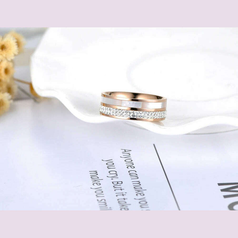 KIMLUD, Lokaer Rose Gold Color White Rhinestone Shell Wedding Rings Jewelry 316L Stainless Steel Engagement Ring For Women Кольцо R18050, KIMLUD Womens Clothes