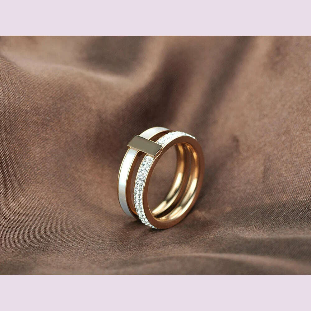 KIMLUD, Lokaer Rose Gold Color White Rhinestone Shell Wedding Rings Jewelry 316L Stainless Steel Engagement Ring For Women Кольцо R18050, KIMLUD Womens Clothes