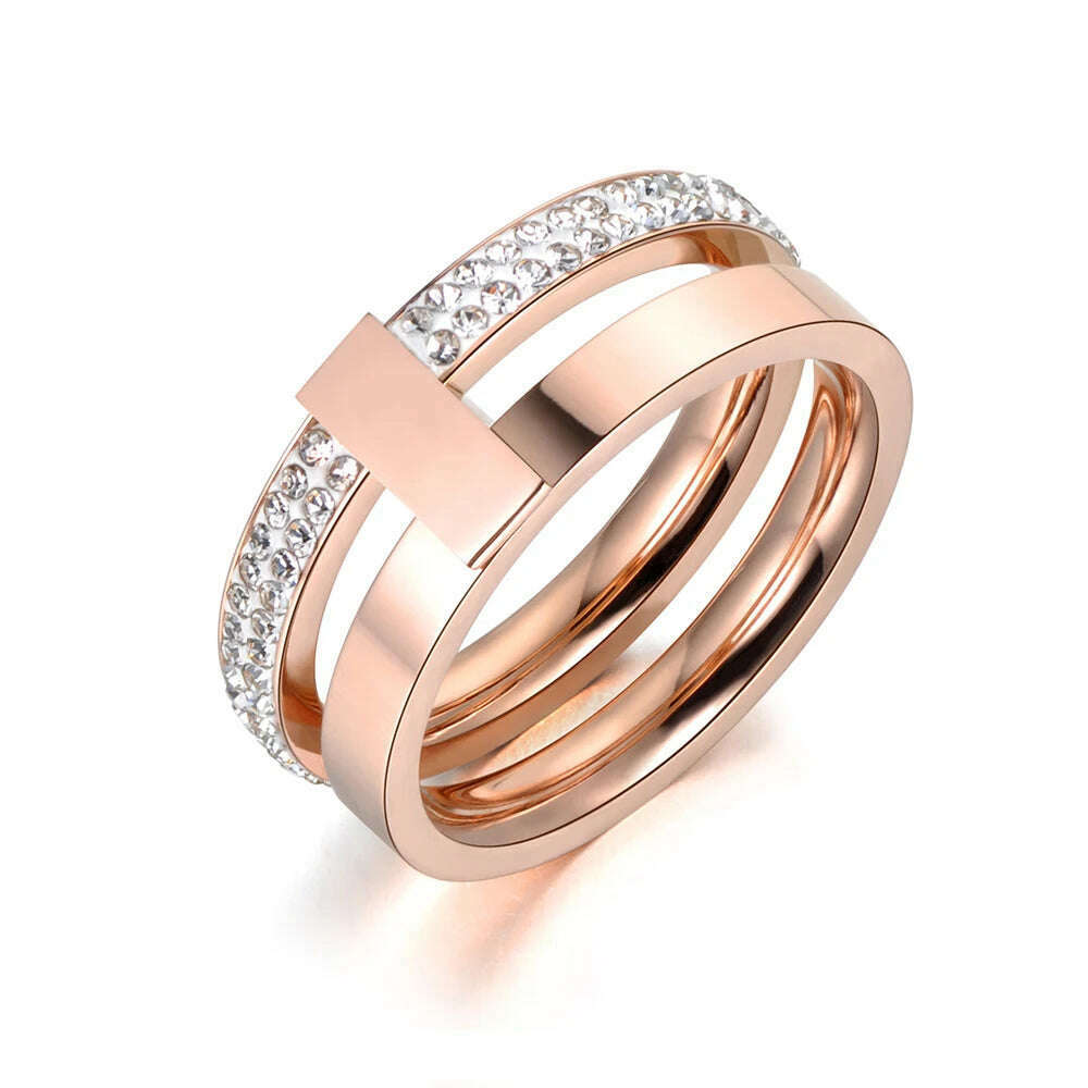 KIMLUD, Lokaer Rose Gold Color White Rhinestone Shell Wedding Rings Jewelry 316L Stainless Steel Engagement Ring For Women Кольцо R18050, R18047R / 9, KIMLUD APPAREL - Womens Clothes