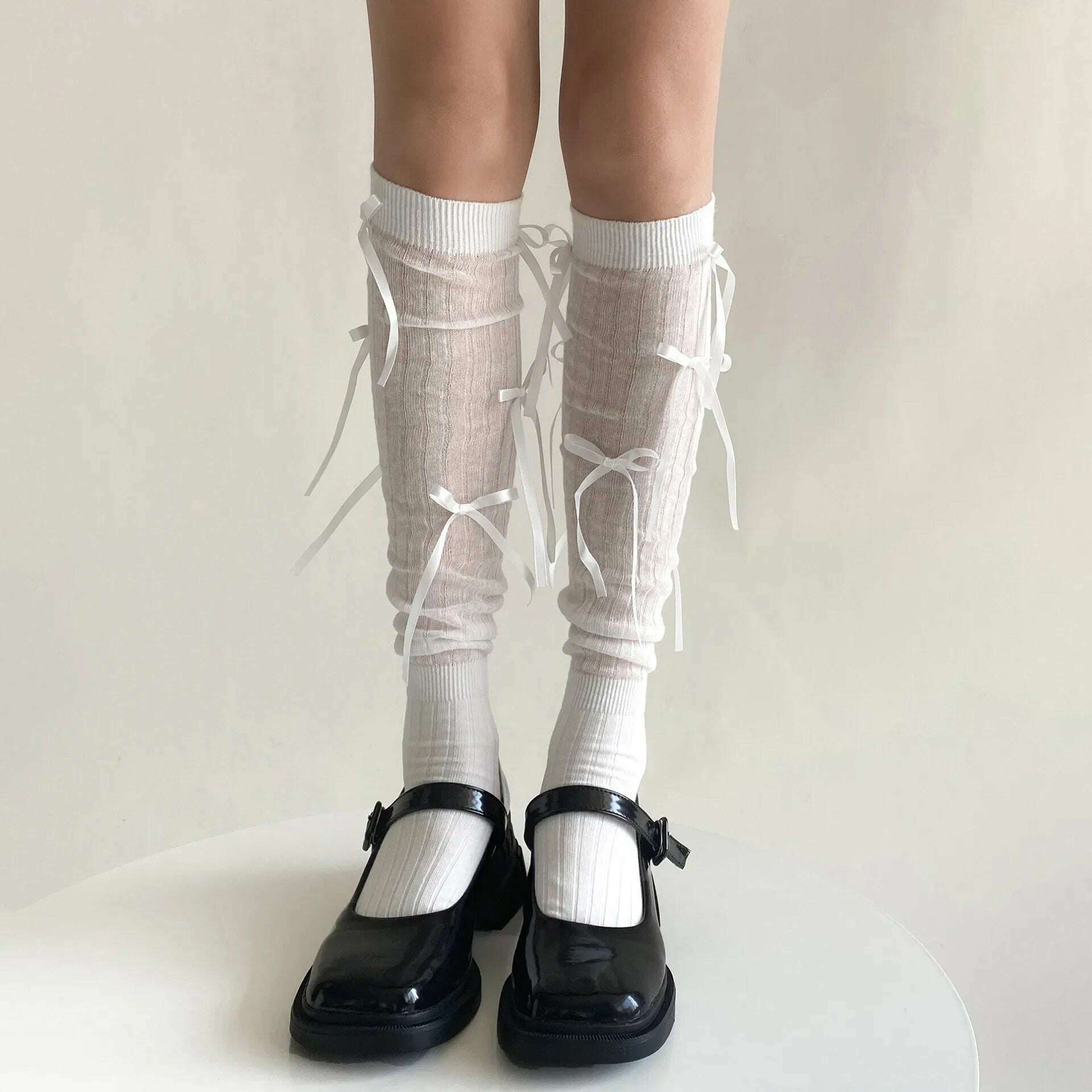 Lolita Long Socks Stockings Women JK Sweet Girls Kawaii Knee High Socks Ballet Style Bandage Bowknot Thigh High Socks Stockings - KIMLUD