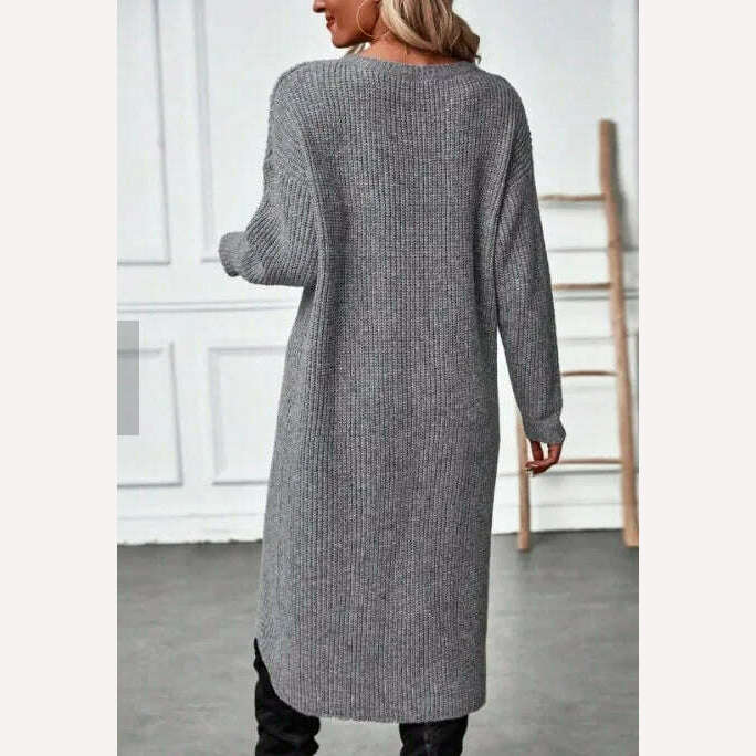 Long Knitted Sweater Women 2023 Gray Pullovers Autumn Winter Khaki Warm Fur Jumpers Maxi Y2k E-girl Jumper Work Sueter Mujer - KIMLUD