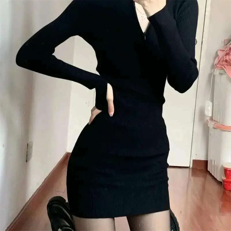 KIMLUD, Long Sleeve Dresses for Women Black Sexy Club Bodycon Mini Dress Y2k High Waist Ladies Korean Short Dress Basic Autumn Winter, KIMLUD Womens Clothes