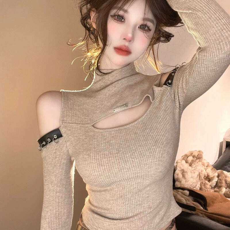 Long Sleeve T-shirts Women Hollow Out Spliced Slim-fit Sexy Autumn Turtleneck All-match Off Shoulder Hot Girls Streetwear Soft - KIMLUD