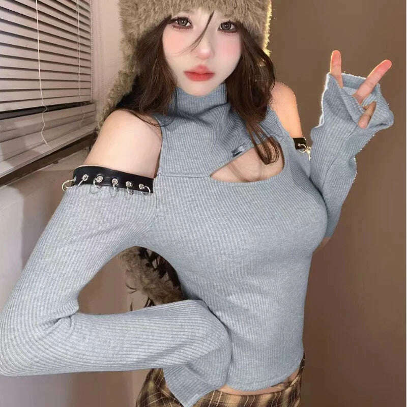 Long Sleeve T-shirts Women Hollow Out Spliced Slim-fit Sexy Autumn Turtleneck All-match Off Shoulder Hot Girls Streetwear Soft - KIMLUD