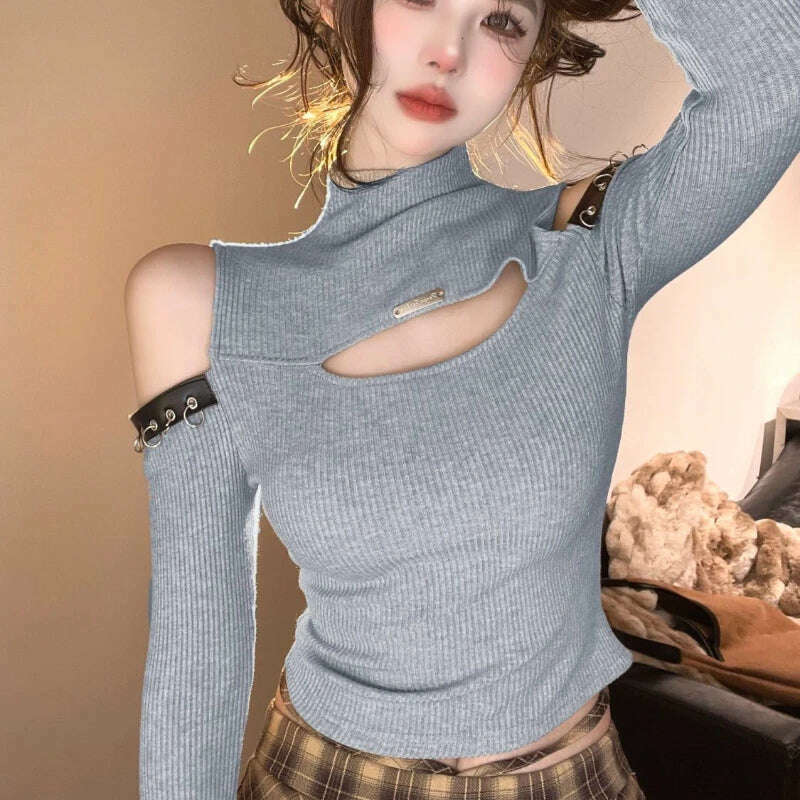Long Sleeve T-shirts Women Hollow Out Spliced Slim-fit Sexy Autumn Turtleneck All-match Off Shoulder Hot Girls Streetwear Soft - KIMLUD