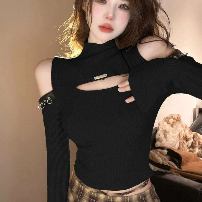 Long Sleeve T-shirts Women Hollow Out Spliced Slim-fit Sexy Autumn Turtleneck All-match Off Shoulder Hot Girls Streetwear Soft - KIMLUD
