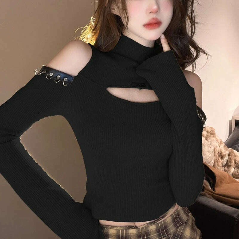 Long Sleeve T-shirts Women Hollow Out Spliced Slim-fit Sexy Autumn Turtleneck All-match Off Shoulder Hot Girls Streetwear Soft - KIMLUD