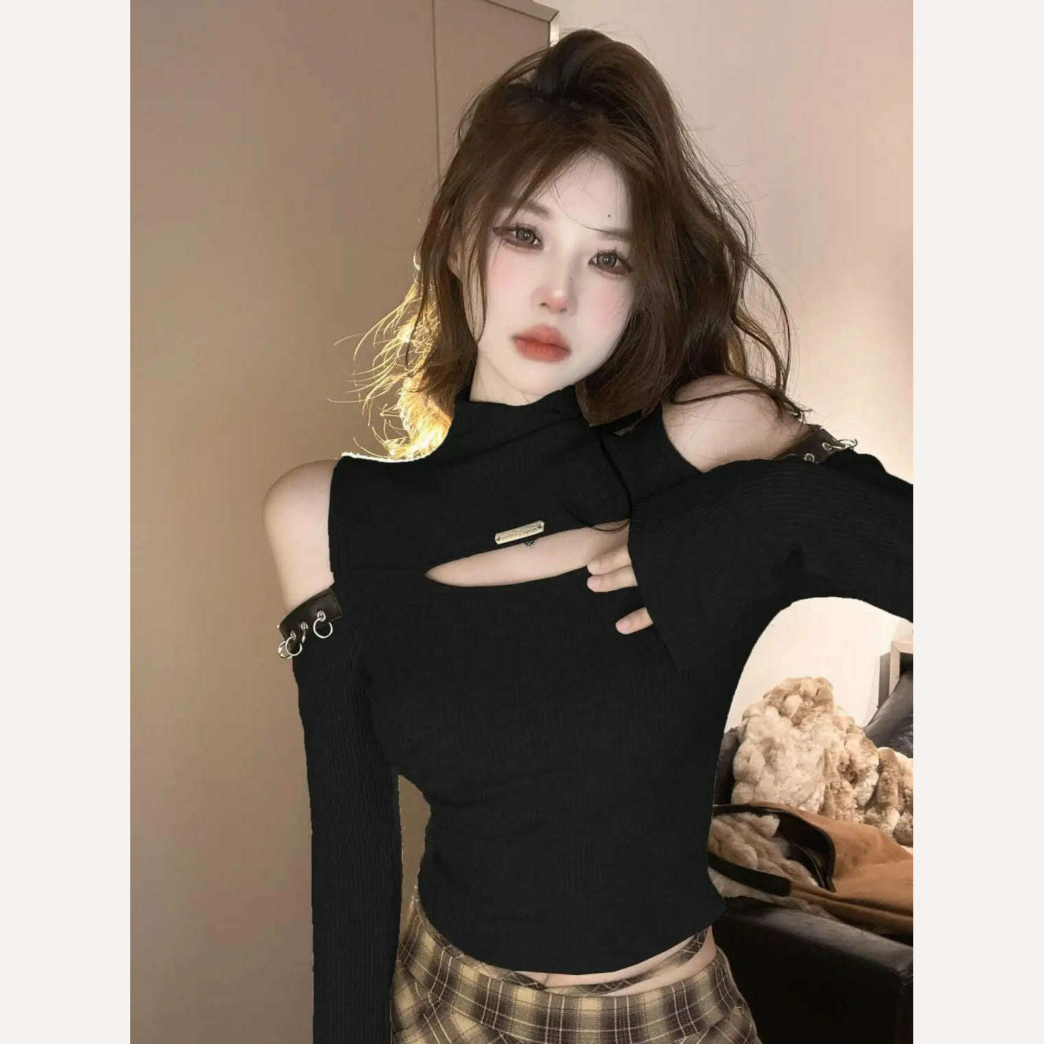 Long Sleeve T-shirts Women Hollow Out Spliced Slim-fit Sexy Autumn Turtleneck All-match Off Shoulder Hot Girls Streetwear Soft - KIMLUD