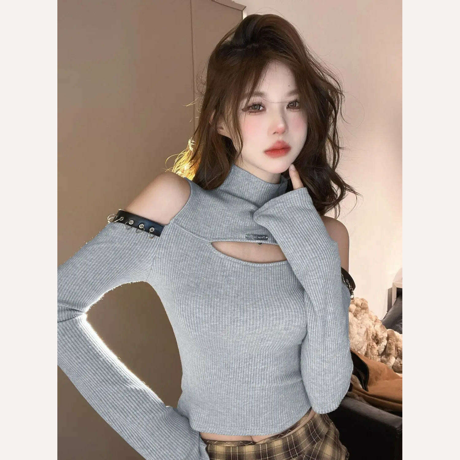 Long Sleeve T-shirts Women Hollow Out Spliced Slim-fit Sexy Autumn Turtleneck All-match Off Shoulder Hot Girls Streetwear Soft - KIMLUD