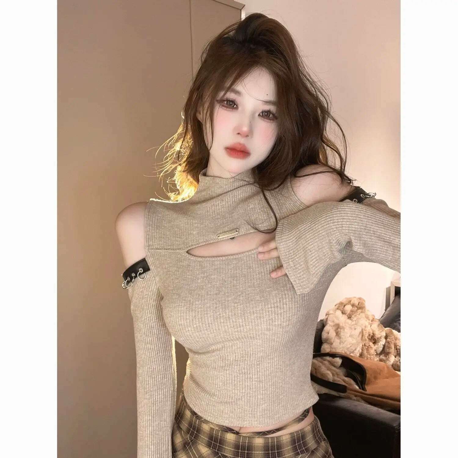 Long Sleeve T-shirts Women Hollow Out Spliced Slim-fit Sexy Autumn Turtleneck All-match Off Shoulder Hot Girls Streetwear Soft - KIMLUD