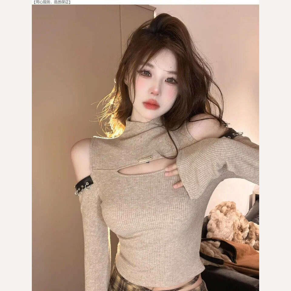 Long Sleeve T-shirts Women Hollow Out Spliced Slim-fit Sexy Autumn Turtleneck All-match Off Shoulder Hot Girls Streetwear Soft - KIMLUD
