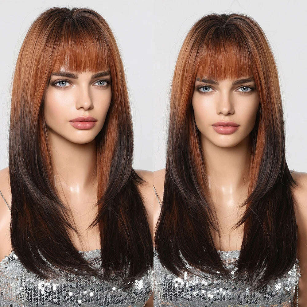 Long Straight Ginger Copper to Brown Ombre Cosplay Hair Wig Long Layered Synthetic Wigs with Bangs for White Women Korean Use - KIMLUD