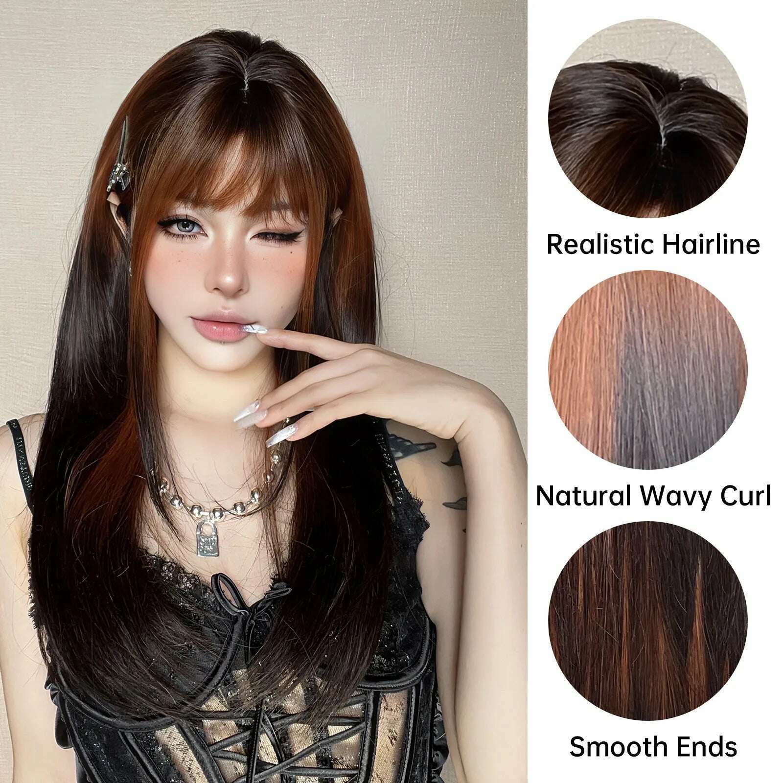 Long Straight Ginger Copper to Brown Ombre Cosplay Hair Wig Long Layered Synthetic Wigs with Bangs for White Women Korean Use - KIMLUD