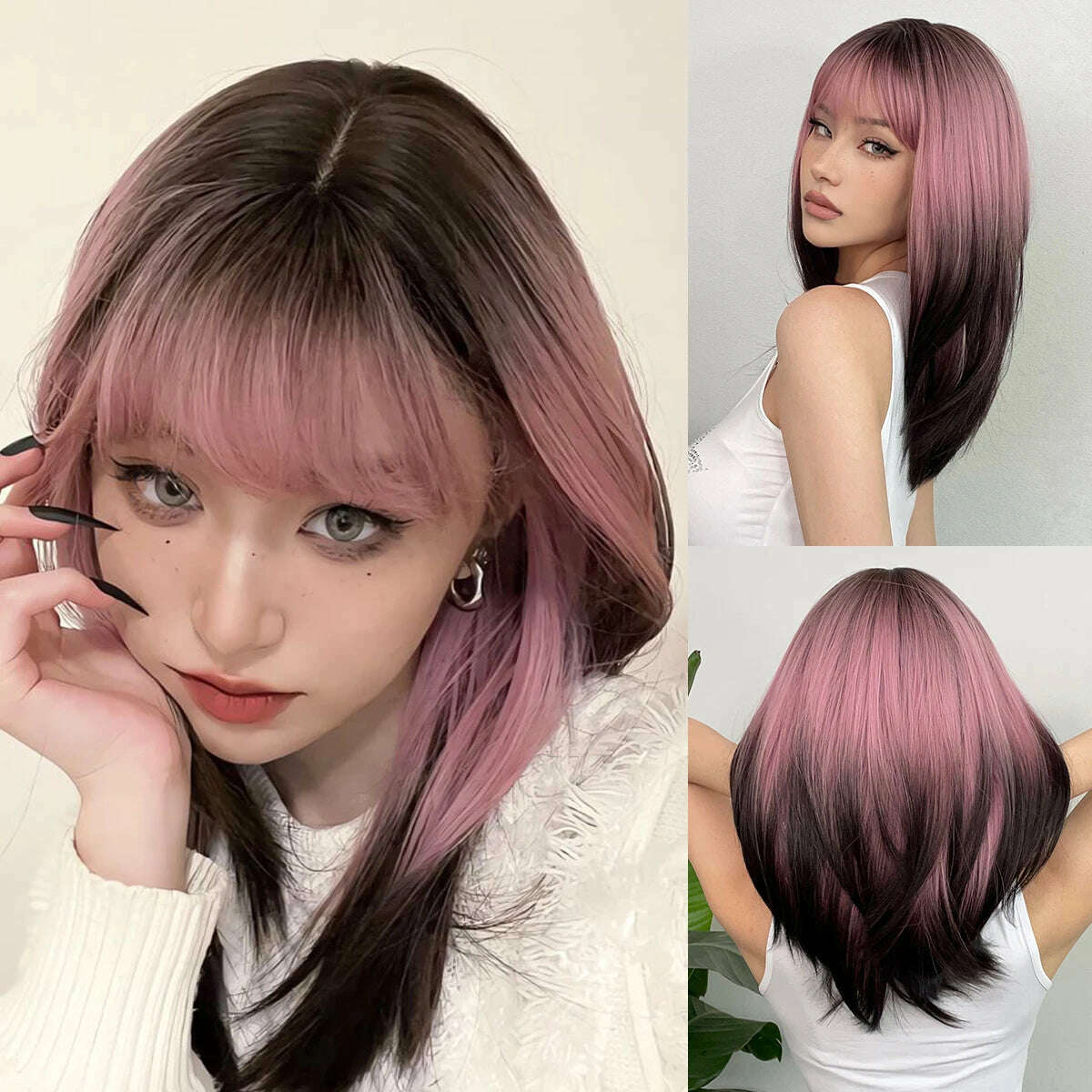 Long Straight Ginger Copper to Brown Ombre Cosplay Hair Wig Long Layered Synthetic Wigs with Bangs for White Women Korean Use - KIMLUD