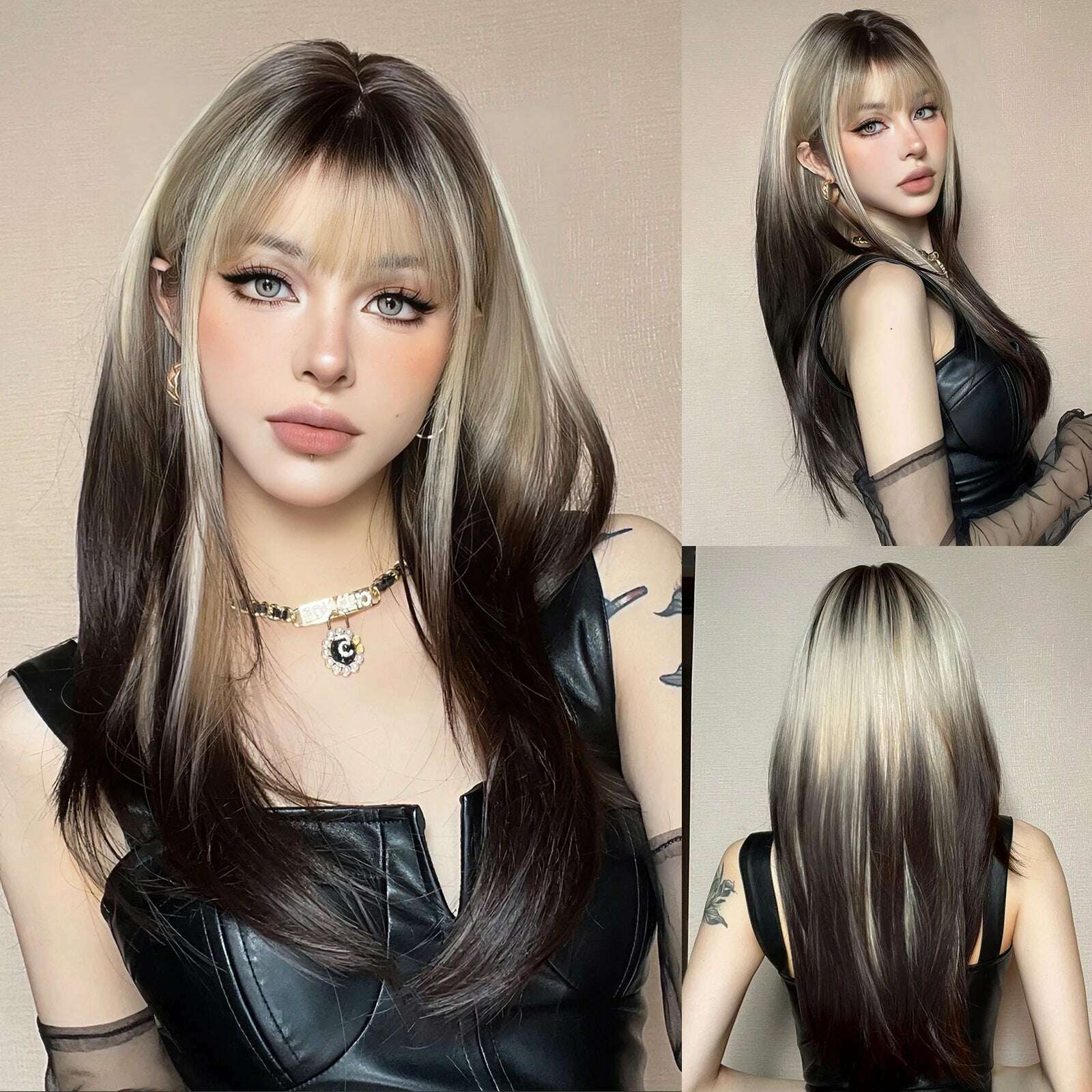 Long Straight Ginger Copper to Brown Ombre Cosplay Hair Wig Long Layered Synthetic Wigs with Bangs for White Women Korean Use - KIMLUD