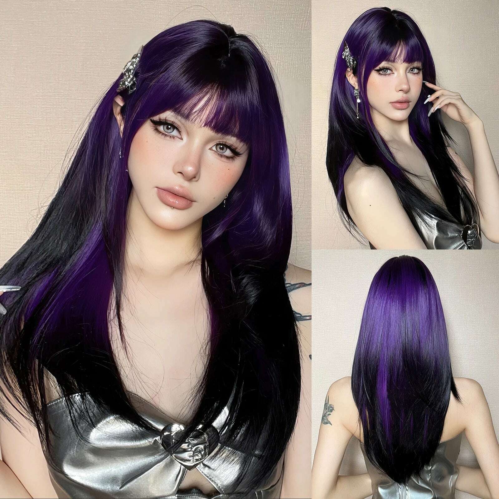 Long Straight Ginger Copper to Brown Ombre Cosplay Hair Wig Long Layered Synthetic Wigs with Bangs for White Women Korean Use - KIMLUD