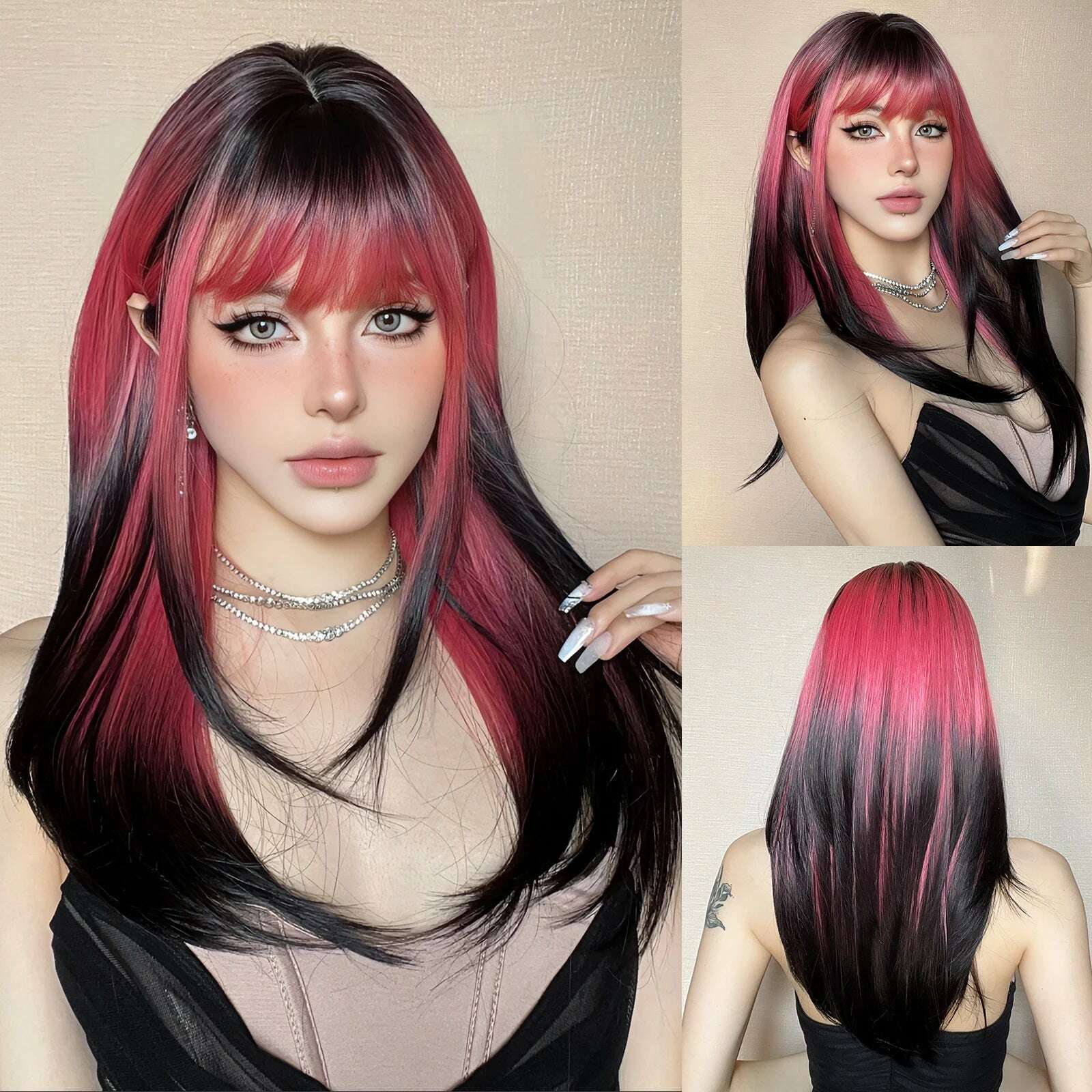 Long Straight Ginger Copper to Brown Ombre Cosplay Hair Wig Long Layered Synthetic Wigs with Bangs for White Women Korean Use - KIMLUD