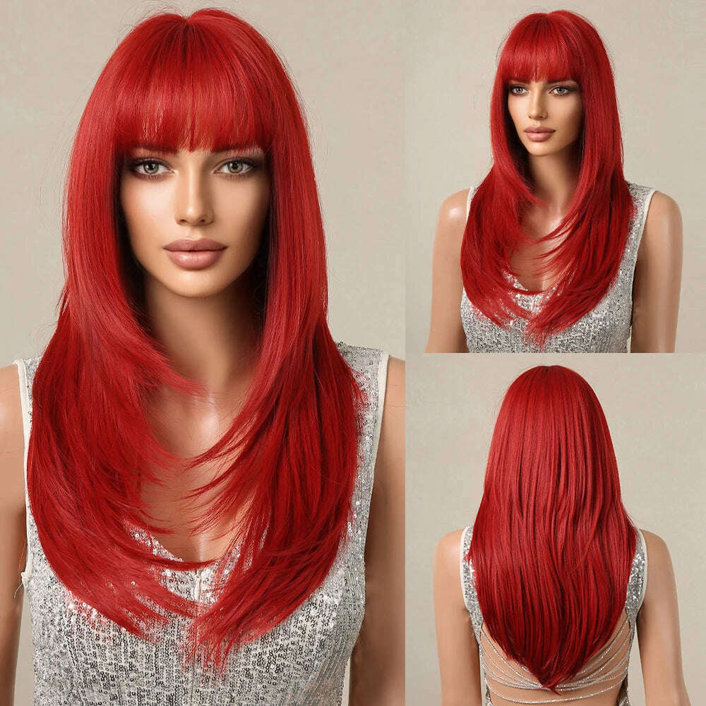 Long Straight Ginger Copper to Brown Ombre Cosplay Hair Wig Long Layered Synthetic Wigs with Bangs for White Women Korean Use - KIMLUD