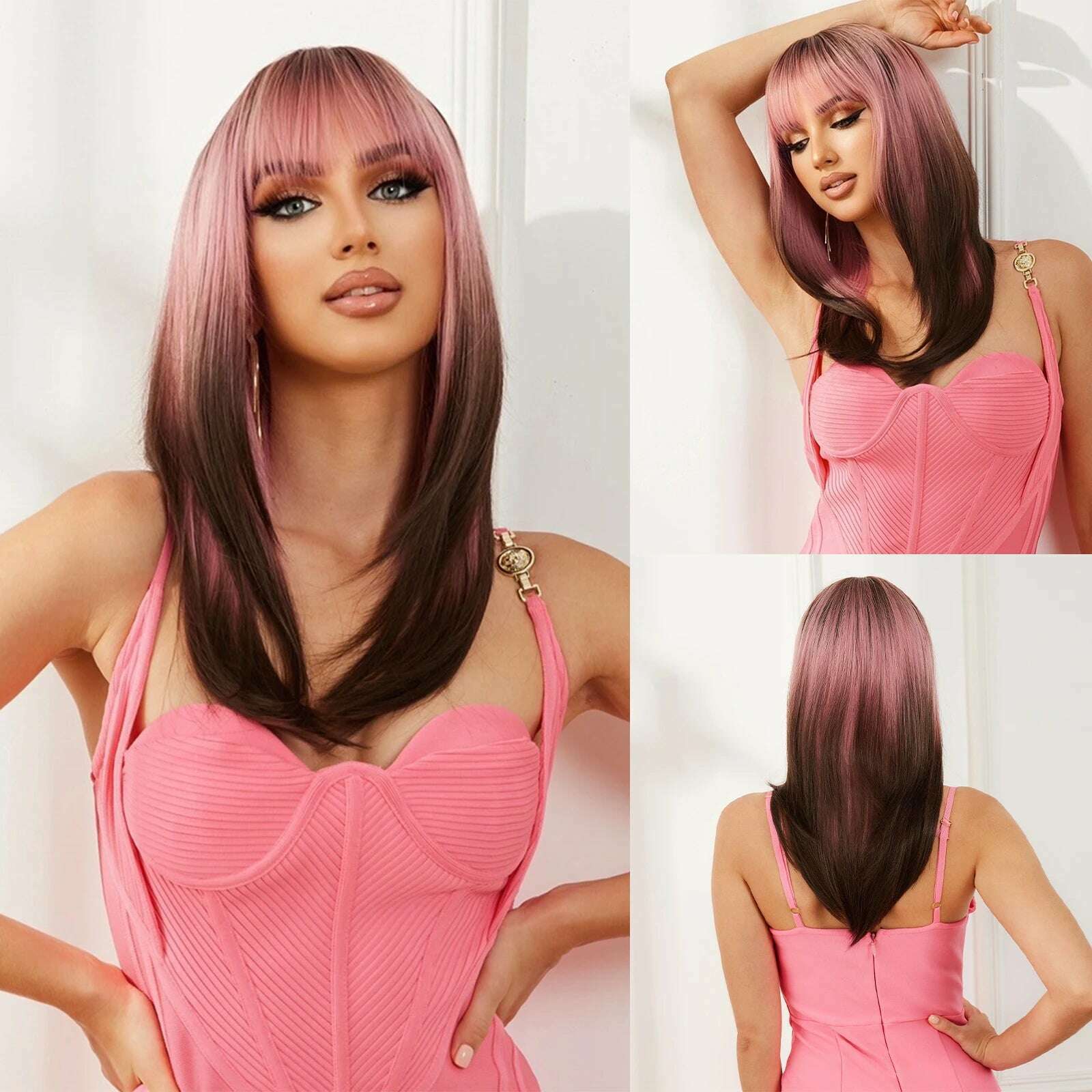 Long Straight Ginger Copper to Brown Ombre Cosplay Hair Wig Long Layered Synthetic Wigs with Bangs for White Women Korean Use - KIMLUD