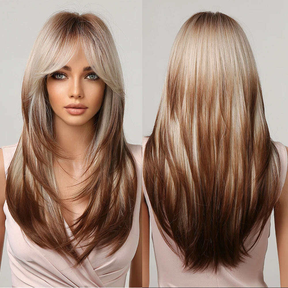 Long Straight Ginger Copper to Brown Ombre Cosplay Hair Wig Long Layered Synthetic Wigs with Bangs for White Women Korean Use - KIMLUD