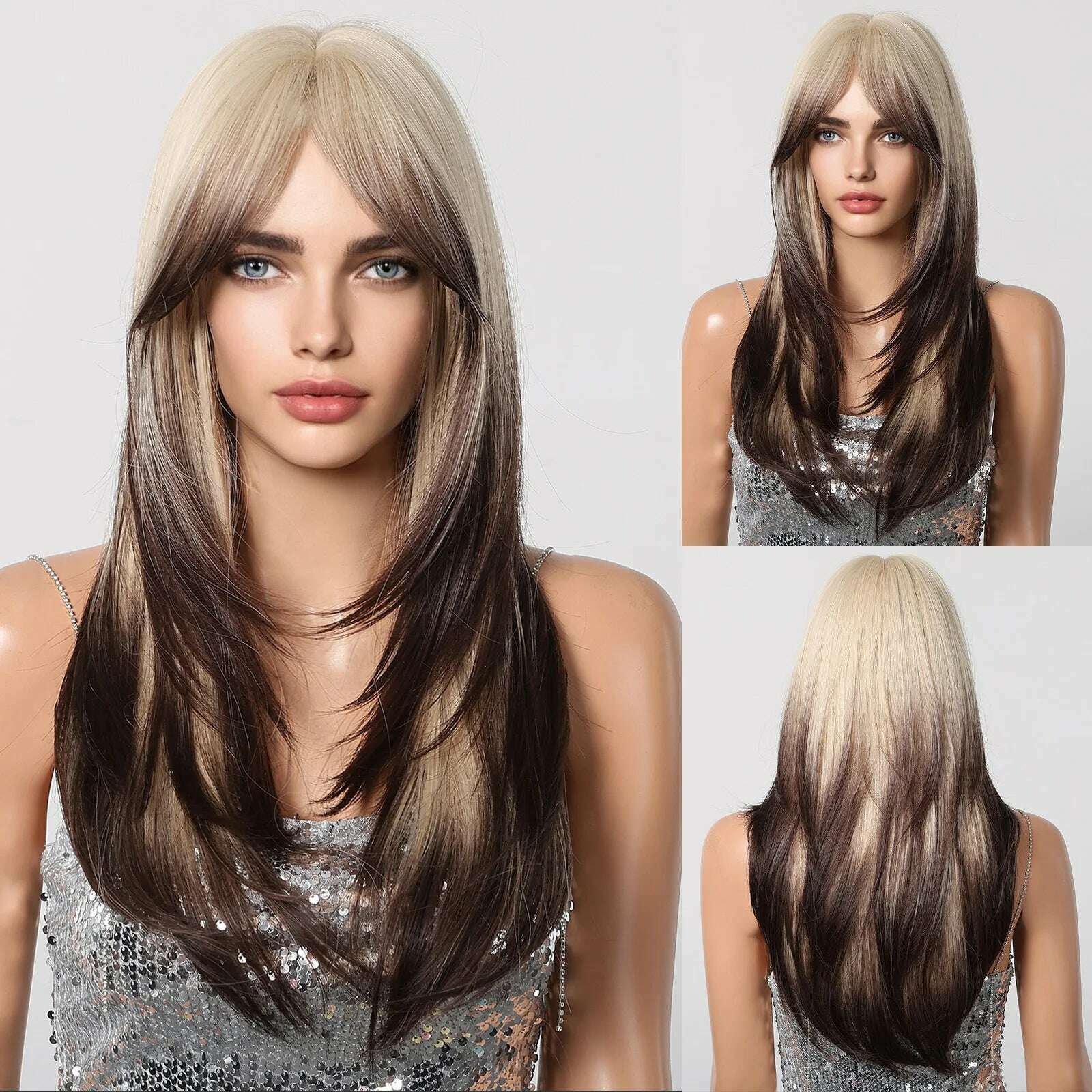Long Straight Ginger Copper to Brown Ombre Cosplay Hair Wig Long Layered Synthetic Wigs with Bangs for White Women Korean Use - KIMLUD