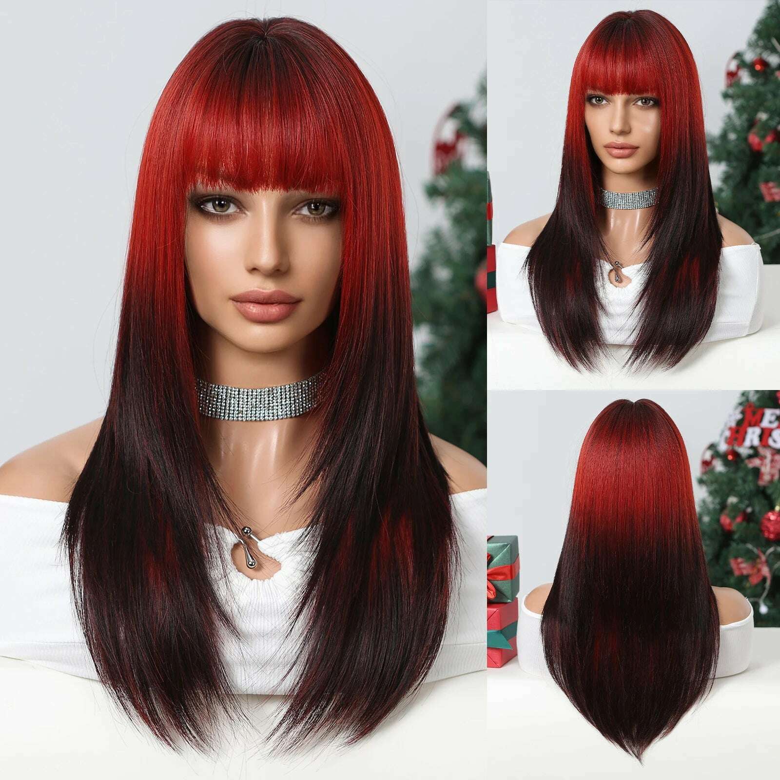 Long Straight Ginger Copper to Brown Ombre Cosplay Hair Wig Long Layered Synthetic Wigs with Bangs for White Women Korean Use - KIMLUD