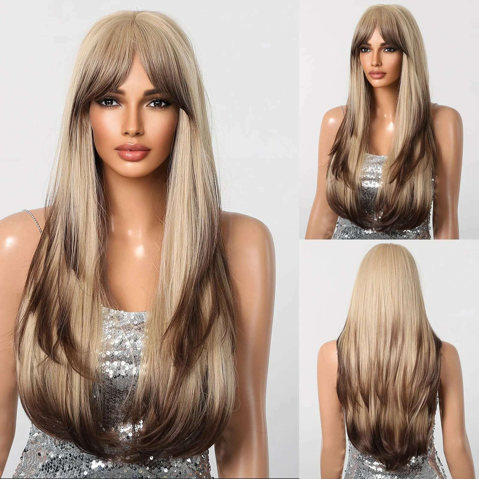 Long Straight Ginger Copper to Brown Ombre Cosplay Hair Wig Long Layered Synthetic Wigs with Bangs for White Women Korean Use - KIMLUD