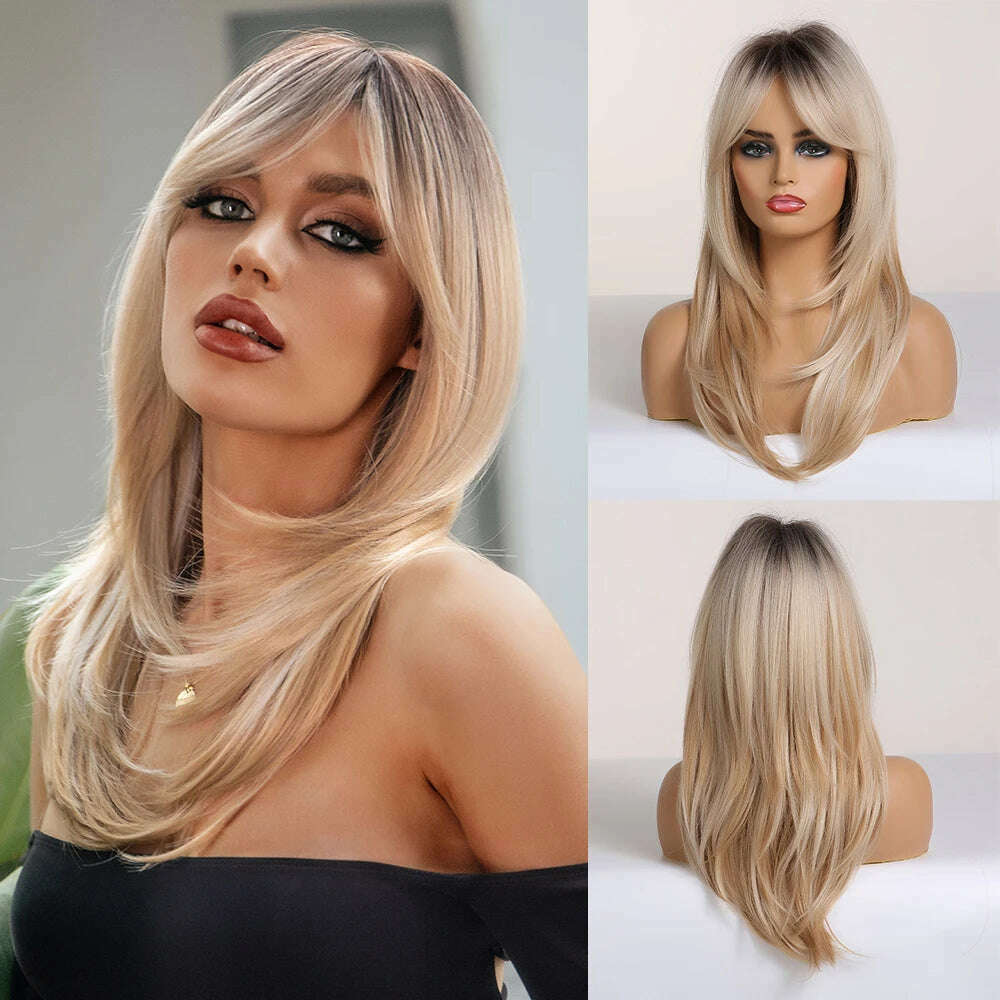 Long Straight Ginger Copper to Brown Ombre Cosplay Hair Wig Long Layered Synthetic Wigs with Bangs for White Women Korean Use - KIMLUD
